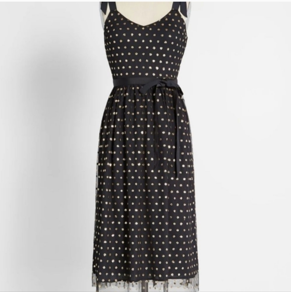 Modcloth Black and Gold Polka Dot Midi Dress